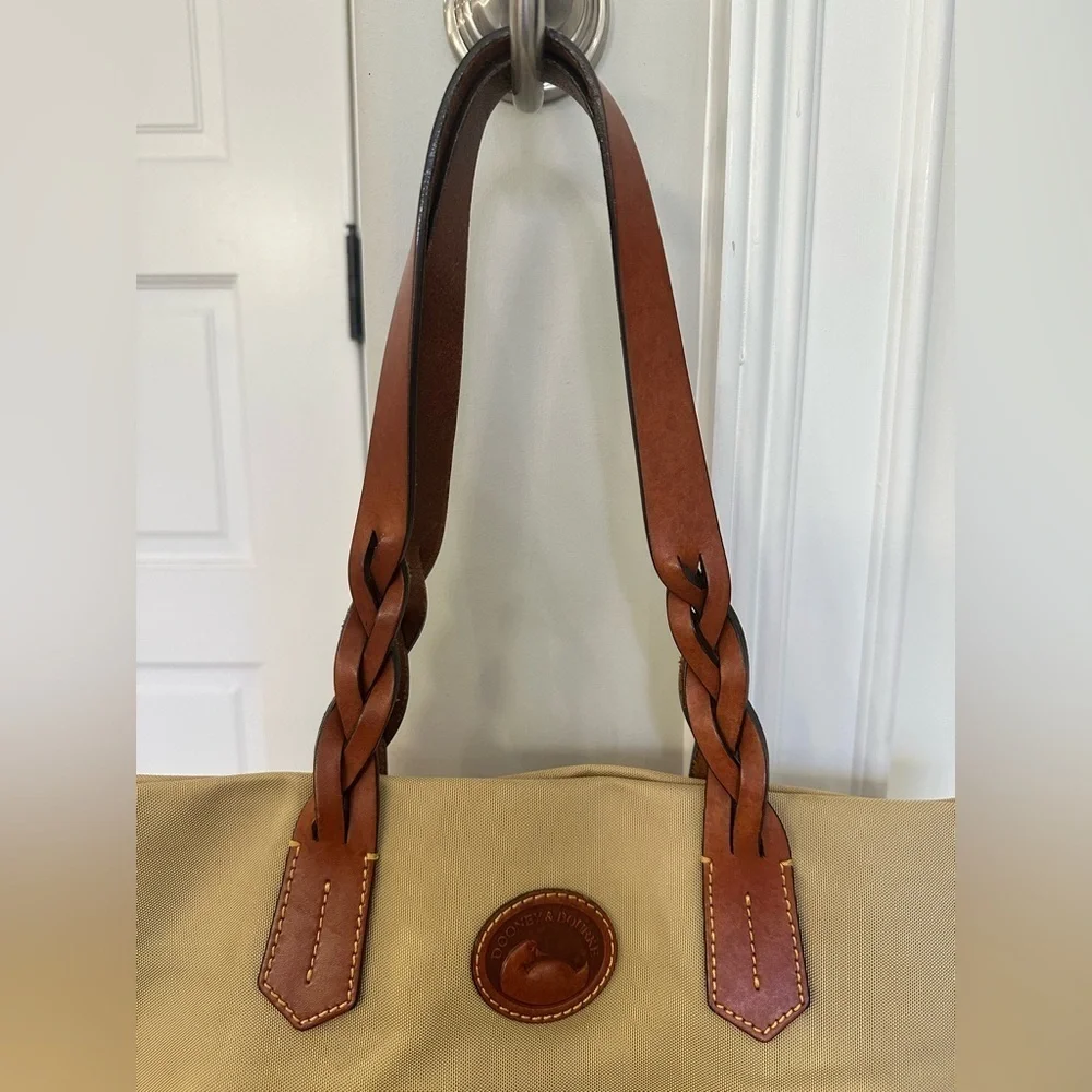 Vintage Dooney & Bourke Large Shopper Tote Bag Purse Tan Canvas Brown Leather